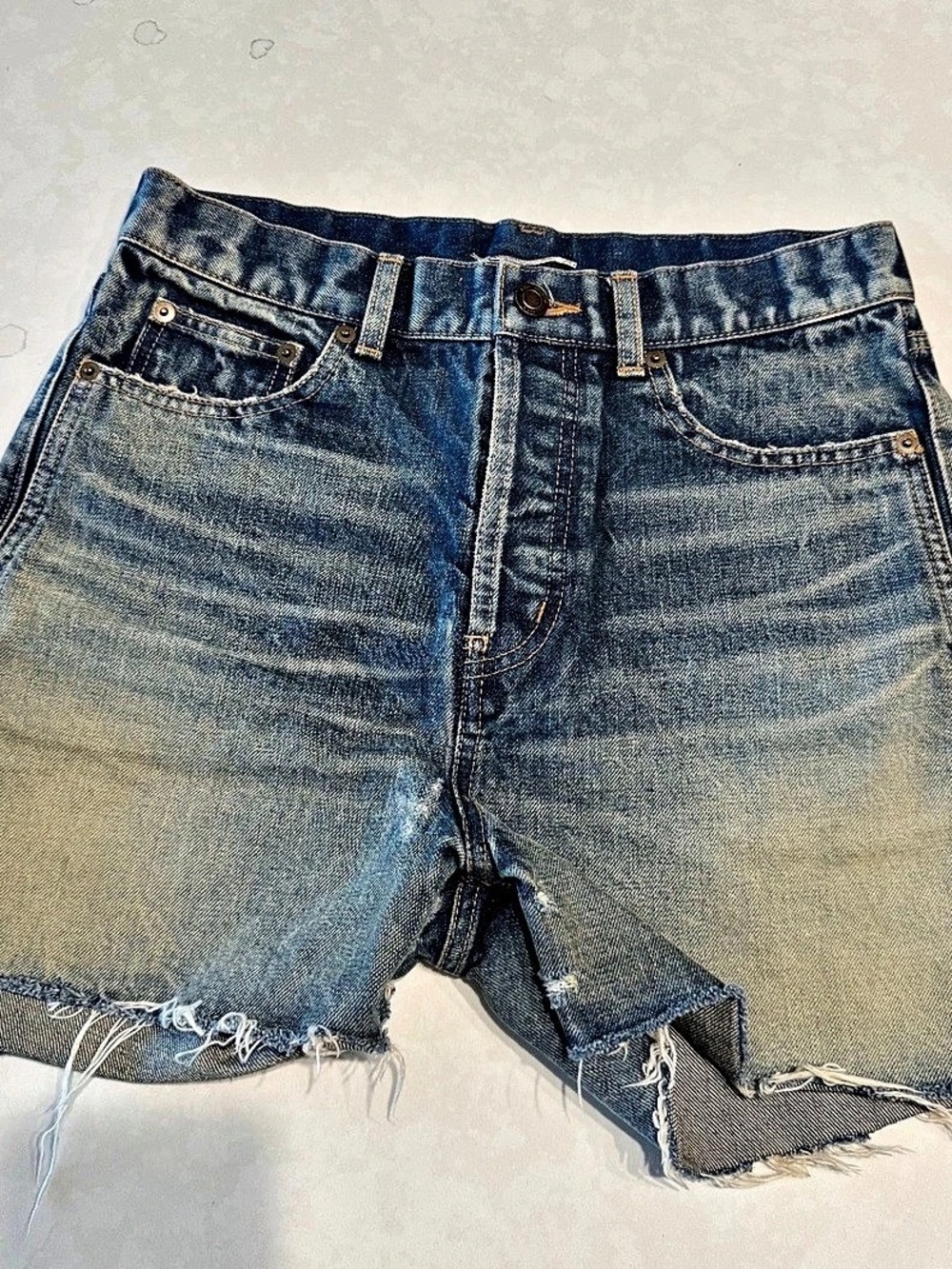 Saint Laurent Denim Distressed Jean Shorts in Blue Waist 29